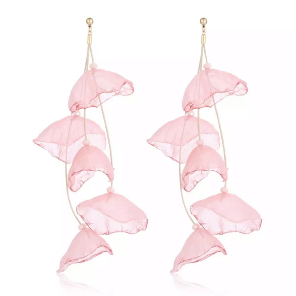 Bohemian Long Pale Pink Flower Tassel Earrings - Picture 2 of 14